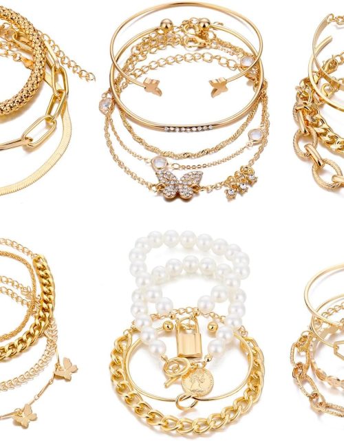 6 PACK (24 PCS) Boho Gold Chain Bracelets Set for Women, 14K Gold Plated Multiple Layered Stackable Open Cuff Wrap Bangle Adjustable Link Italian Cuban Jewelry for Women Gift