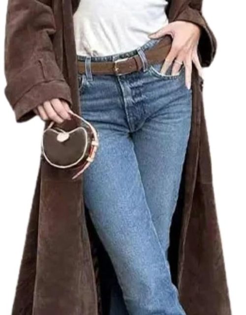 Womens Faux Suede Long Trench Coat Notched Lapel Double Breasted Pea Coat Overcoat with Belt