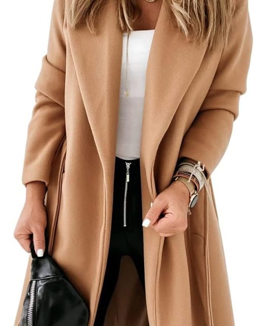 Womens Classic Coat Lapel Collar Open Front Belted Long Jacket